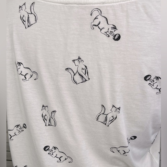 FOREVER 21 Tie Bottom Tee Kitty Print White & Black-Medium - Picture 2 of 3